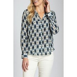 APNY Womens Button Front Blouse Geometric Ivory Roll Tab Lightweight Size XL NWT